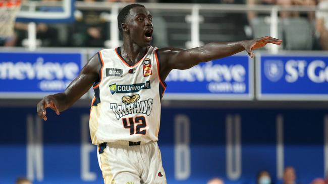 Bul Kuol of the Taipans reacts during the round 10 NBL match between Brisbane Bullets and Cairns Taipans at Nissan Arena on February 05, 2022, in Brisbane, Australia (Photo by Jono Searle/Getty Images)