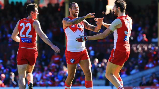 Sydney's Lance Franklin celebrates a goal during the Sydney Swans v Carlton game at the SCG. pic Mark Evans