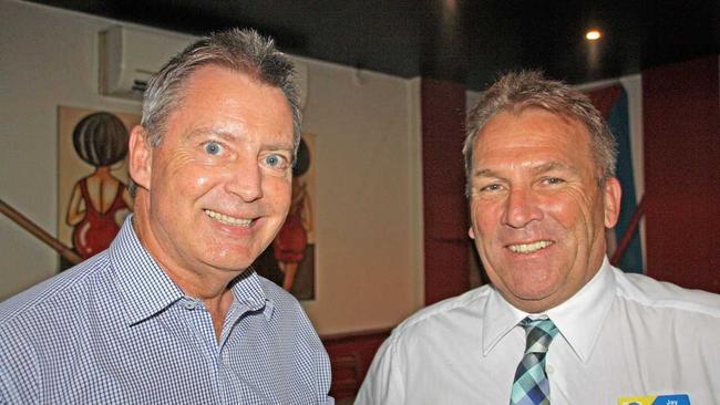 North Shore Realty director Jay Pashley (right) with Sunshine Coast councillor Steve Robinson at the launch late last year of Latitude Coolum Beach development says market confidence is returning. Picture: Erle Levey