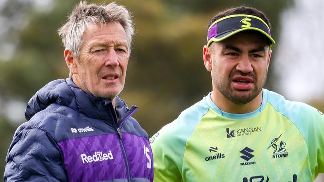 NRL Melbourne Storm coach Craig Bellamy talks with Jahrome Hughes at training in Melbourne. Picture: Ian Currie