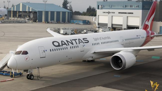 A new Qantas 787-9 Dreamliner on the tarmac in Seattle.