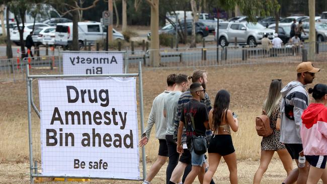Drug amnesty sign outside the main entrance to FOMO festival, Parramatta Park, Sydney, 11th January 2020. Picture: Damian Shaw