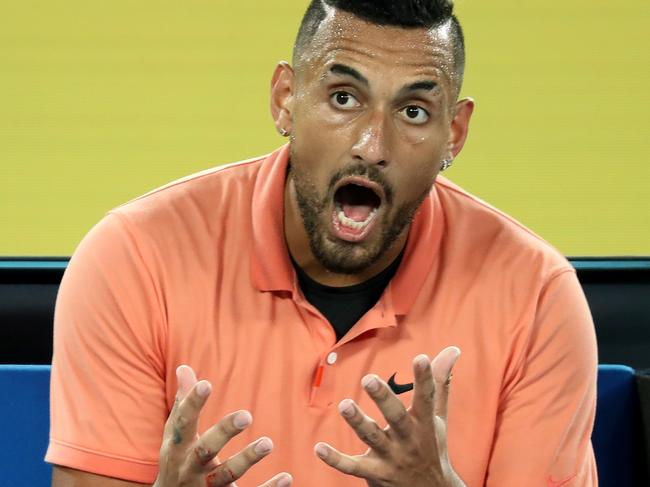 MELBOURNE, AUSTRALIA - JANUARY 27: Nick Kyrgios of Australia reacts during his Men's Singles fourth round match against Rafael Nadal of Spain on day eight of the 2020 Australian Open at Melbourne Park on January 27, 2020 in Melbourne, Australia. (Photo by Mark Kolbe/Getty Images)