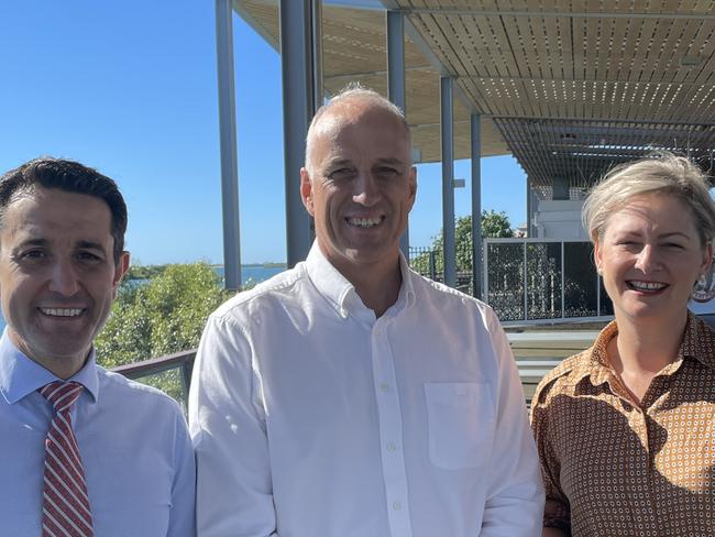 Opposition leader David Crisafuli announces new Mackay candidate Nigel Dalton with Whitsundays MP Amanda Camm at Blue Water Quay. June 3, 2024. Photo: Fergus Gregg