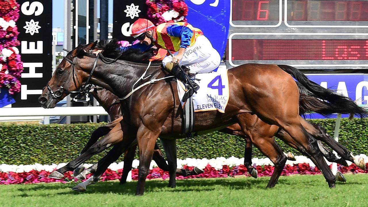 Eleven Eleven hit the front right on the line to win the Magic Millions Cup. Picture: Grant Peters-Trackside Photography