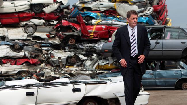 Then Opposition Leader Ted Baillieu in 2010 launching the Liberals’ Hoon policy at a Dandenong car crushing plant.