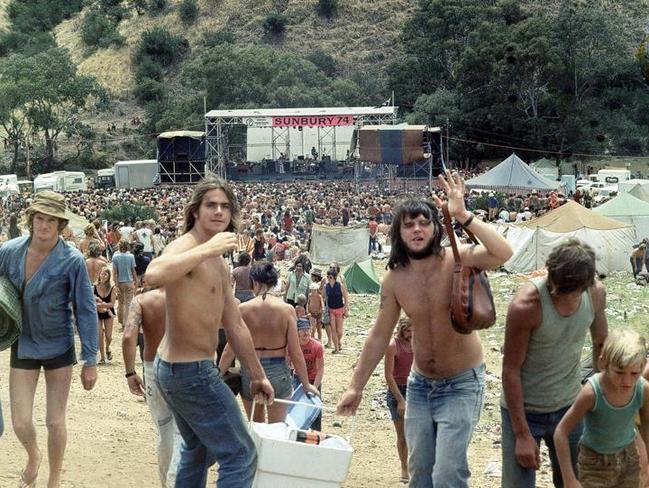 Clayton revellers Colin Kelly (left) and Mark Hopcraft (right) at the Sunbury Pop Festival in 1974. The men now live on the Gold Coast and Dandenong North, respectively.