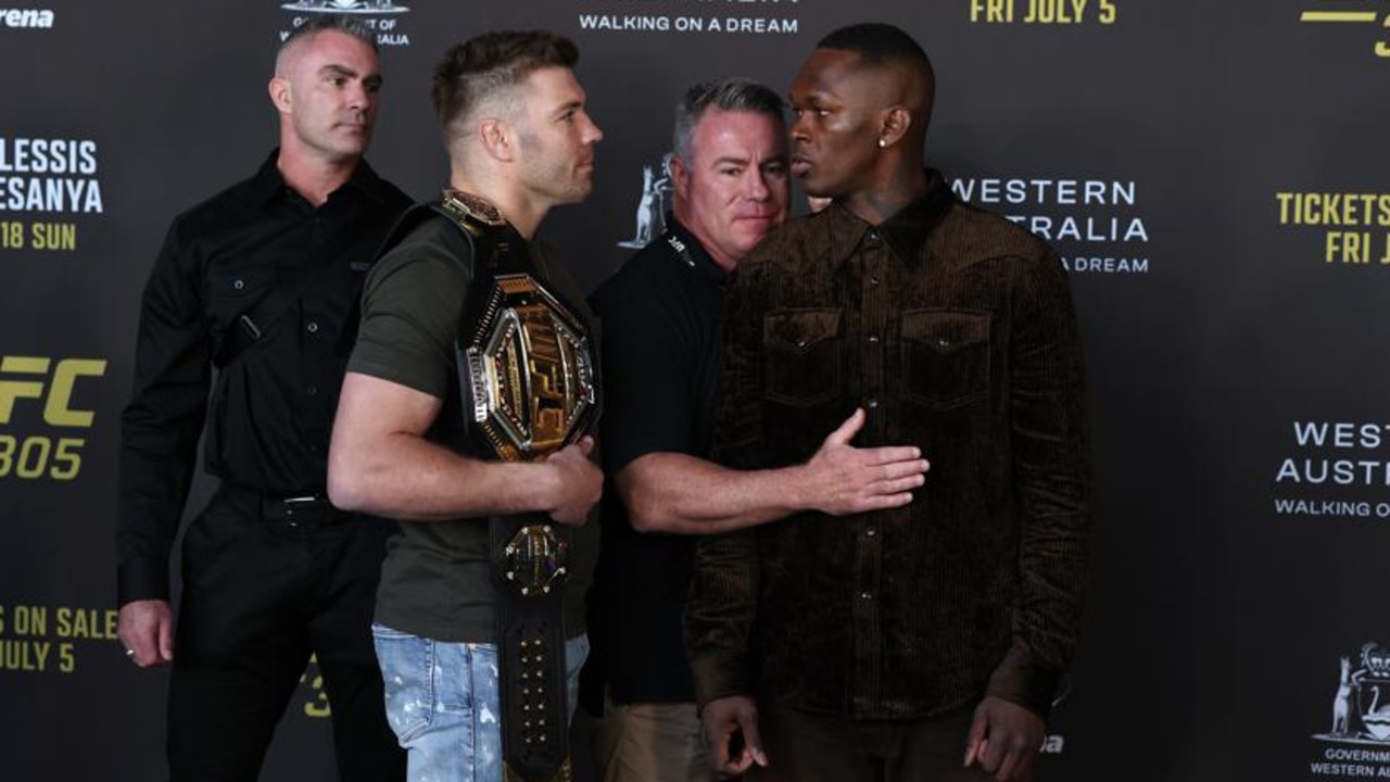 Dricus du Plessis - UFC middleweight champion and Israel Adesanya - No.2 UFC middleweight stare off during the UFC 305 On Sale Press Conference on July 03, 2024 in Perth, Australia. (Photo by Will Russell/Zuffa LLC)