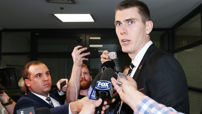 Mason Cox chats to reporters after his ban was lifted. Picture: Getty Images 