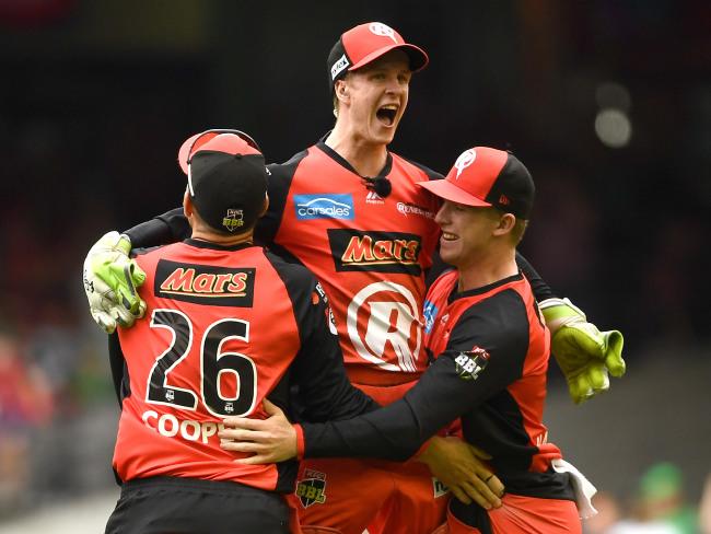 Renegades' wicketkeeper Sam Harper celebrates another wicket in the collapse.