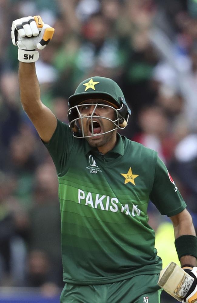 Babar Azam celebrates his century.