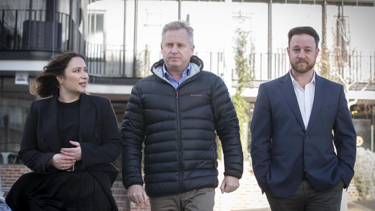 Executive Director of the Property Council Rebecca Ellston, Premier Jeremy Rockliff and Master Builders of Tasmania Executive Director Matt Pollock at the In The Hanging Garden precinct. Picture: Chris Kidd