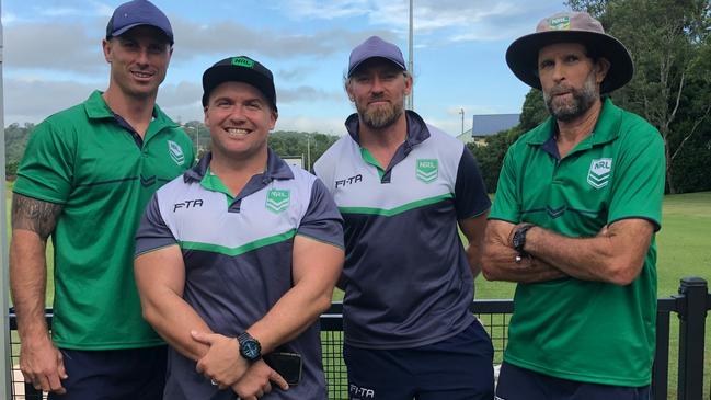 NRL COACHES: NRL Northern NSW Regional Manager Wayde Kelly (second from left) with NRL coaches Dayne Weston, Warwick Brown and Kelvin Menchin, were an integral part of the GC Titans 'come and try' and coaching clinics at Crozier Field on February 25, 2021. Photo: Alison Paterson