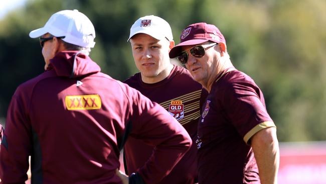 Coach Kevin Walters chats to his son Billy Walters during a Queensland Origin camp. Picture: Adam Head