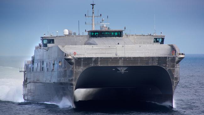 US Navy’s Joint High Speed Vessel (JHSV) during sea trials. This vessel (which is actually designed in Australia and built in the USA by Austal Ships of WA) uses the RAC Plus panelling produced by CBG Systems - I checked with the managing director Javier Herbon to make sure I have the right vessel. Also attached is a much lower-res one of three at shipbuilder Austal USA's Mobile, Alabama, yard.