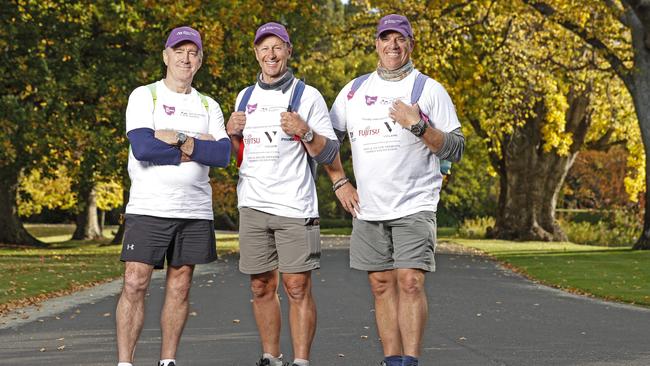 Former Tasmania Police's Special Operations Group Commander Jim Morrison alongside Victoria Police's First Responders who attended Port Arthur as tactical team leaders from the Special Operations Group Michael Hayes and Craig Harwood as they complete there walk from Melbourne to Hobart. Picture: Zak Simmonds