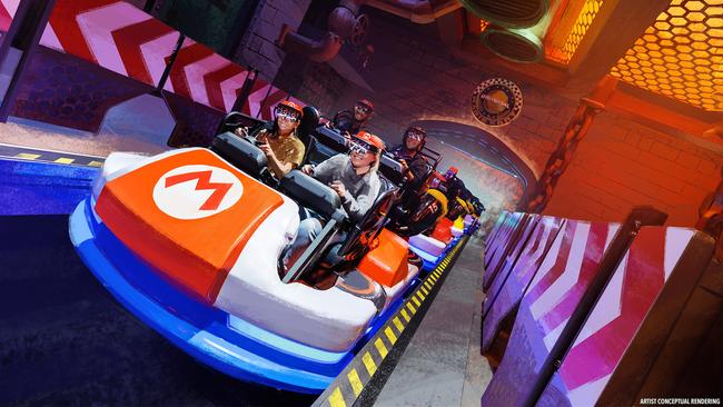 Mario Kart: Bowser’s Challenge sees guests battling Team Bowser for the Golden Cup, with the ride using augmented reality, projection mapping technology and elaborate sets to bring the legendary game to life. Photo: Universal Epic Universe