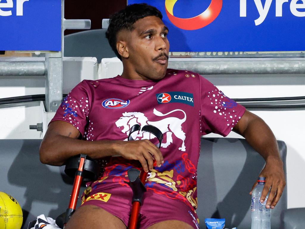 Keidean Coleman on the bench after suffering a knee injury. Picture: Russell Freeman/AFL Photos via Getty Images