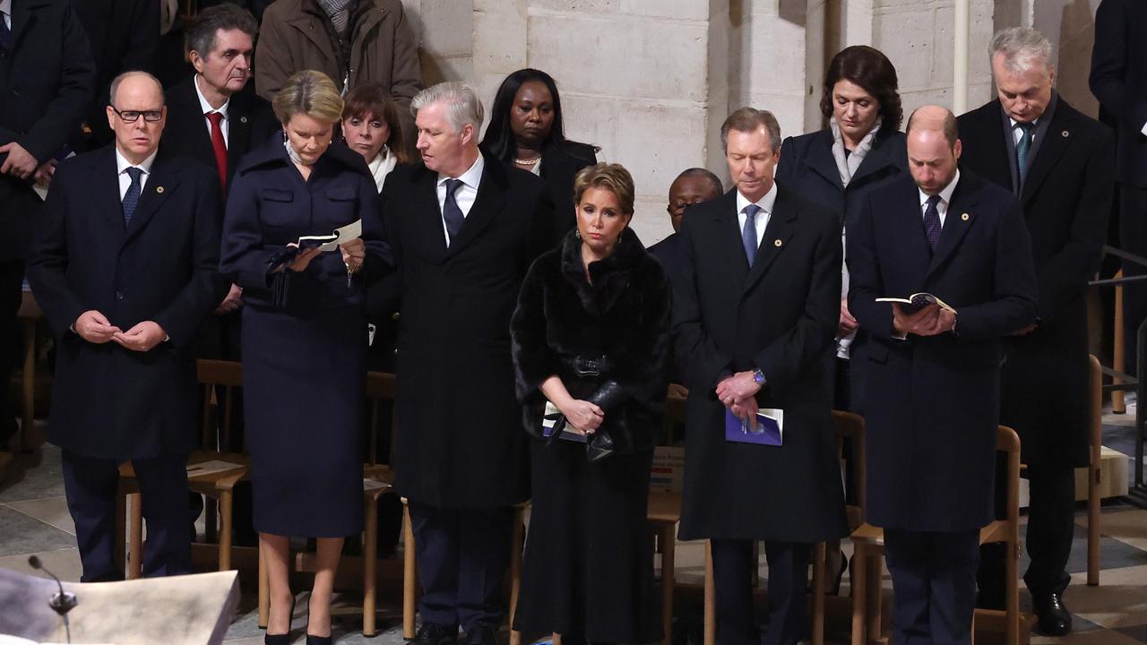 (From left) Prince Albert II of Monaco, Queen Mathilde of Belgium, King Philippe of Belgium, Grand Duchess Maria Teresa, President of Guinea-Bissau Umaro Sissoco Embalo, Grand Duke Henri of Luxembourg, First Lady of Lithuania, Diana Nausėdienė, Prince William, Prince of Wales and Lithuanian President Gitanas Nauseda attend the ceremony to mark the reopening of Notre Dame. Picture: Pascal Le Segretain/Getty Images for Notre-Dame de Paris