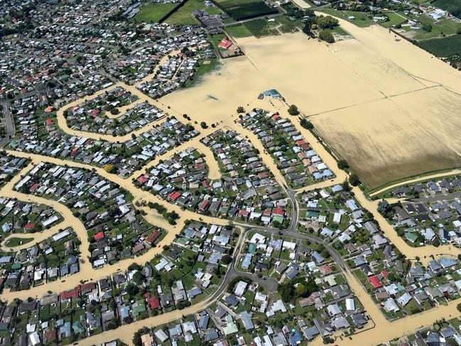 This handout photo received on February 16, 2023 from the New Zealand Defence Force shows flooding in the Hawkes Bay region in the aftermath of Cyclone Gabrielle. Picture: AFP