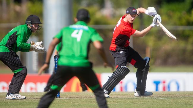 Cricket 365 launched on Sunday with two matches across Darwin and Palmerston. Desert Blaze’s Hayden Kerr works a ball square of the wicket. Picture: Che Chorley
