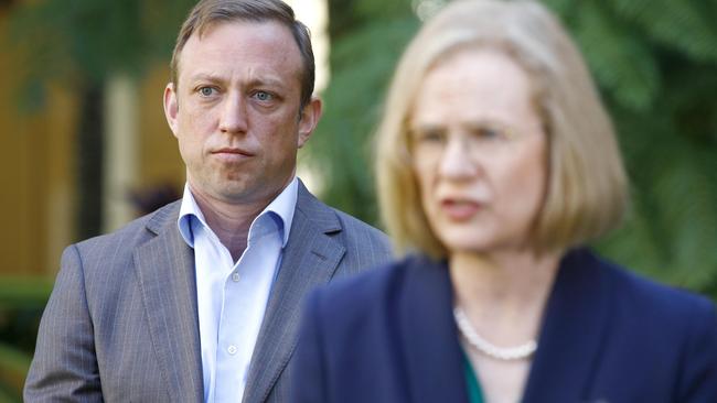 Deputy Premier Steven Miles stands behind Queensland Chief Health Officer Jeannette Young. Picture: NCA NewsWire/Tertius Pickard