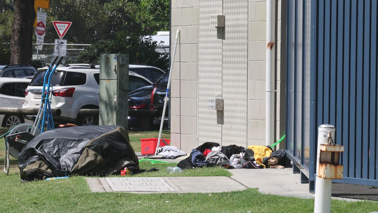 Clothes and sleeping bags left in the parks and trees. Picture: Glenn Hampson.