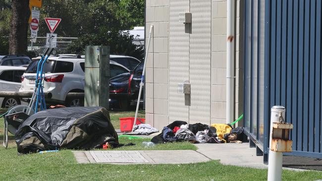 Clothes and sleeping bags left in the parks and trees. Picture: Glenn Hampson.