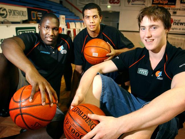 Pictured (l-r): Nathan Jawai, Kerry Williams and Aron Baynes. 2004.