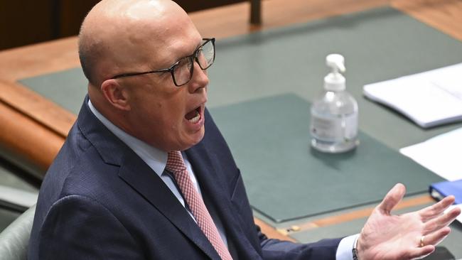 Peter Dutton in question time on Tuesday. Picture: NCA NewsWire / Martin Ollman