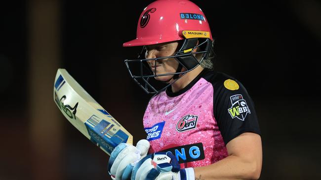 SYDNEY, AUSTRALIA - OCTOBER 19: Alyssa Healy of the Sixers comes off after being caught out by Annabel Sutherland of the Stars bowled by Sophie Day of the Stars during the WBBL match between Sydney Sixers and Melbourne Stars at North Sydney Oval, on October 19, 2023, in Sydney, Australia. (Photo by Mark Evans/Getty Images)