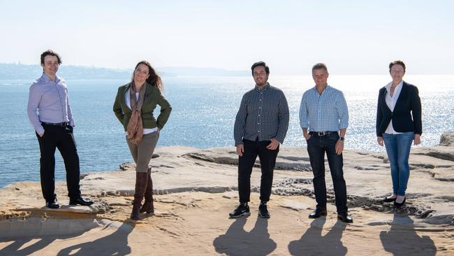 Five of the seven candidates for the federal electorate of Kingsford Smith gathered for a group photo at Mistral Point, Maroubra, last Sunday. From left, James Jansson (Science Party), Petra Campbell (Sustainable Australia), James Cruz (The Greens), incumbent MP Matt Thistlethwaite (Labor) and Amanda Wilmot (Liberal Party) at Mistral Point, Maroubra. Adrian Manson (CDP) and Adam Watson (UAP) were absent. Picture: Monique Harmer