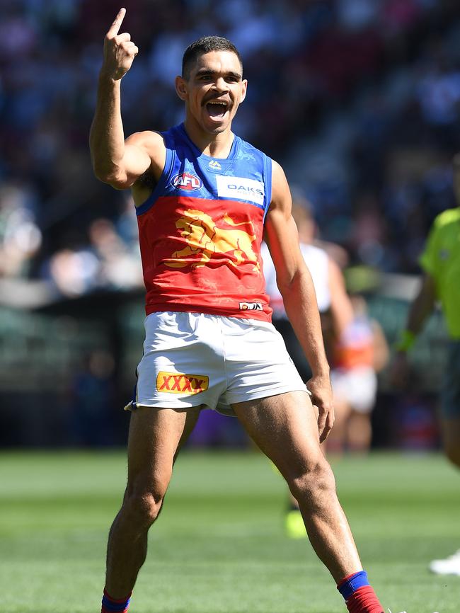 Charlie Cameron celebrates a goal against Port Adelaide in his first game at Adelaide Oval as a Lion. Picture: Mark Brake/Getty Images