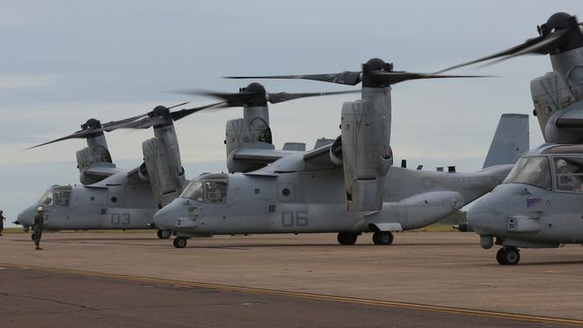 Four MV-22 Ospreys in Darwin in April following the aircraft’s first ever trans-Pacific flight. Picture: US Marine Corps