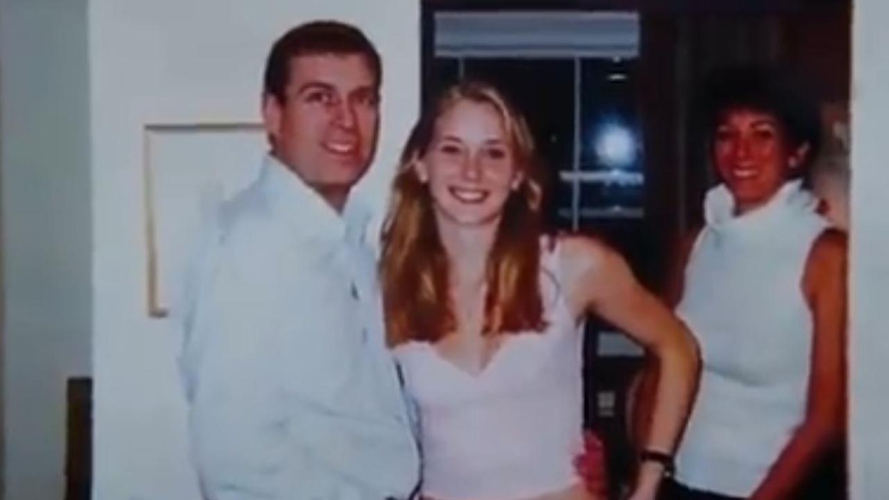 Prince Andrew, Virginia Roberts Giuffre and Ghislaine Maxwell pictured together inside the London Mews home of Ms Maxwell. Picture: Screengrab/Channel 9/60 Minutes