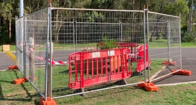 A fence and red barricades close off a garden bed where fire ants were found. Source: DPI