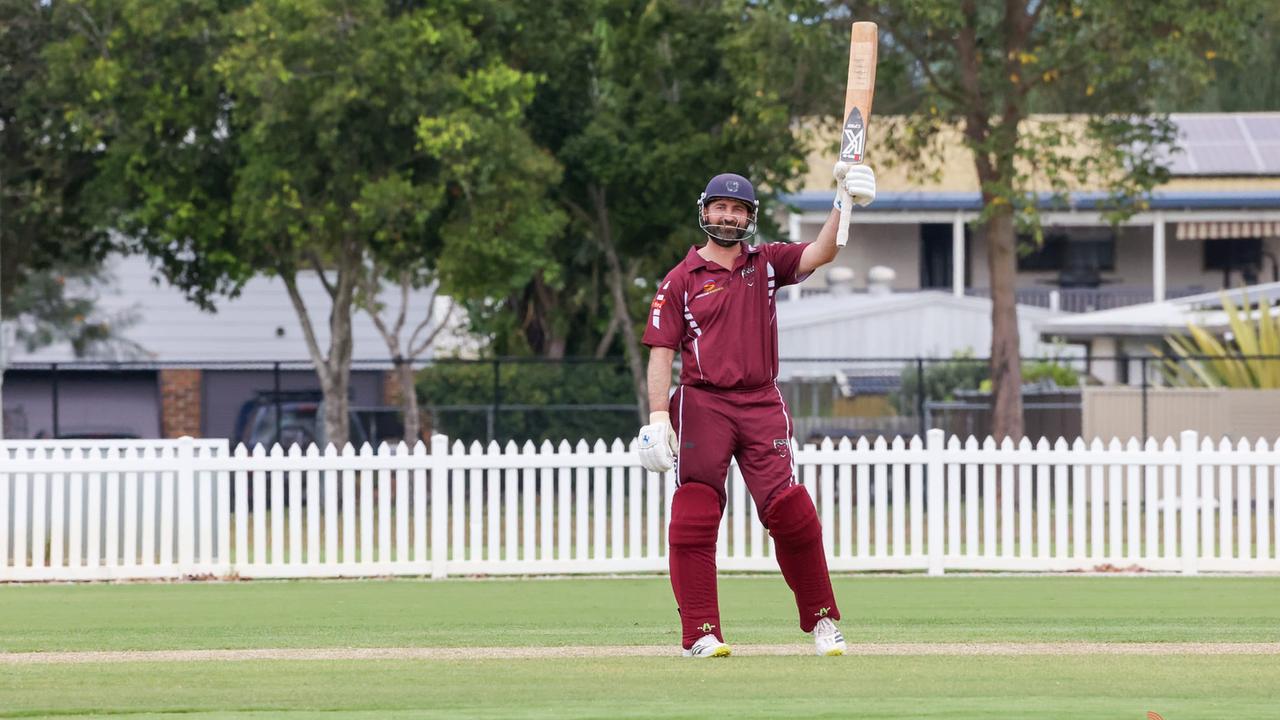 Caboolture cricket player Glen Batticciotto raises the bat. Picture: Michael Cee Photography