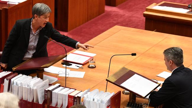 Shadow Minister for Foreign Affairs Penny Wong exploded at Minister for Finance Mathias Cormann after he successfully blocked a bill amendment aimed at protecting gay students from discrimination. Picture: Mick Tsikas/AAP