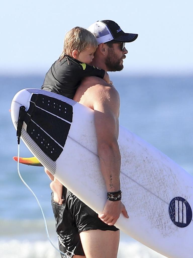 Chris Hemsworth and wife, Elsa Pataky, enjoy an afternoon at the beach in Byron Bay with their twin sons, Tristan and Sasha. <br/>3 March 2017. Picture: Media-Mode