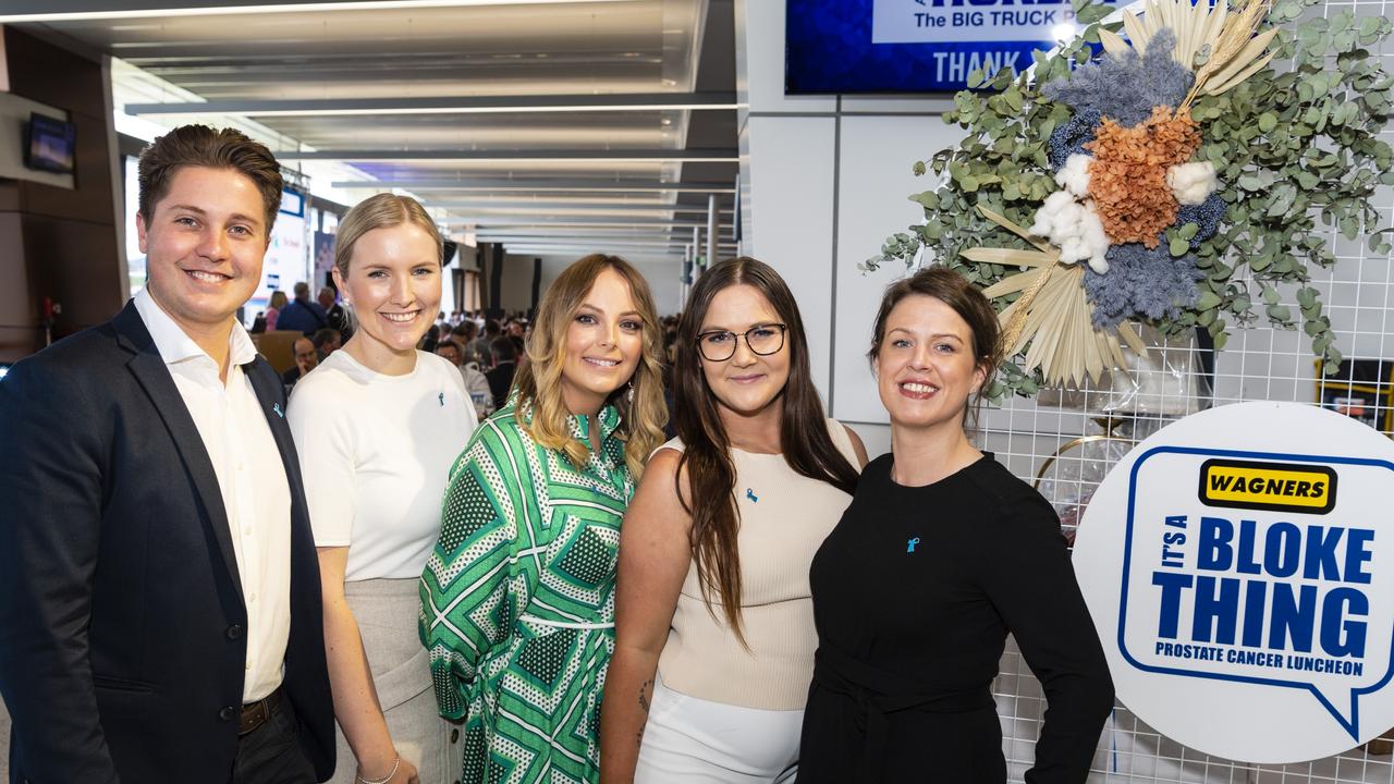 Volunteers helping with the Weekend Warrior car raffle are (from left) Liam Hopkins, Sarah Todd, Christina Callaghan (Wippells), Nicole McEwan, Gillian Ross of Colliers International at It's a Bloke Thing 2022 at Wellcamp Airport, Friday, September 9, 2022. Picture: Kevin Farmer