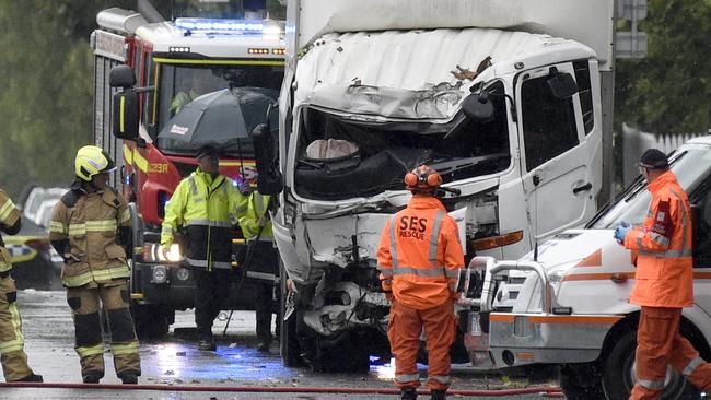 Police and fire crews at the scene of a fatal accident involving a stolen truck on Ballarat Rd Footscray. Picture: Andrew Henshaw