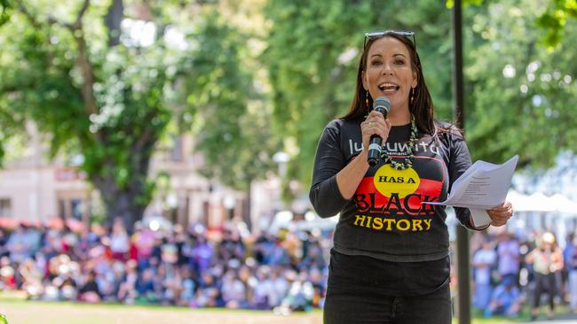 Nala Mansell with crowds gathered at Parliament Lawns on Sunday 26th January 2025 for an Invasion Day march. Picture: Linda Higginson