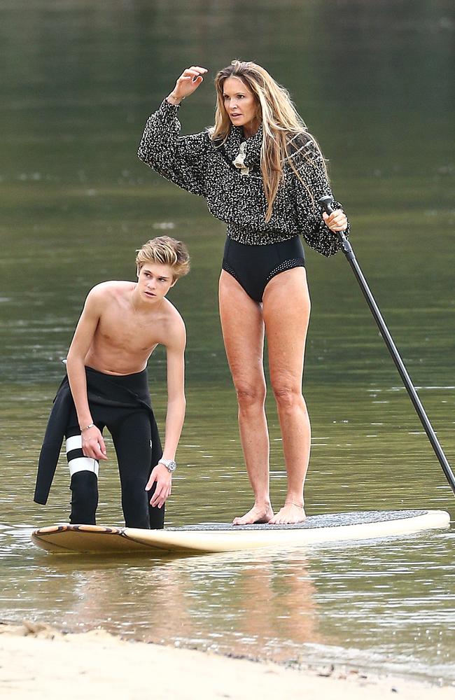 Elle Macpherson alongside her son Cy during an advertising shoot in the northern beaches. Picture: Matrix