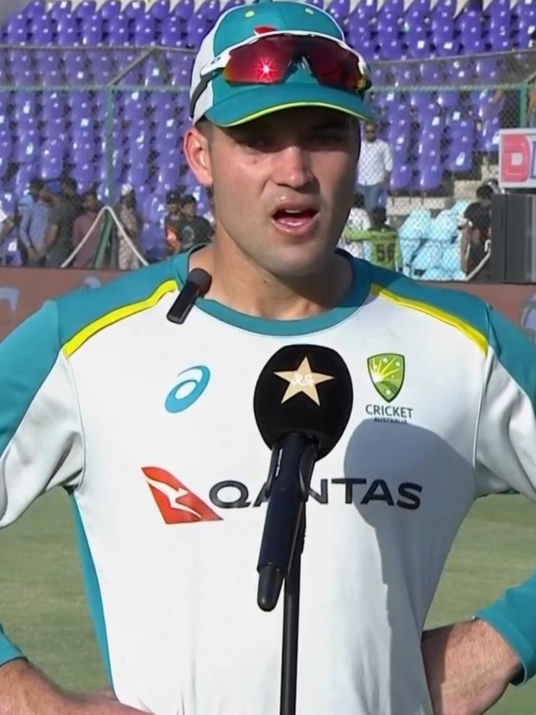 Alex Carey spoke at the end of the day. Photo: Kayo, Fox Sports.