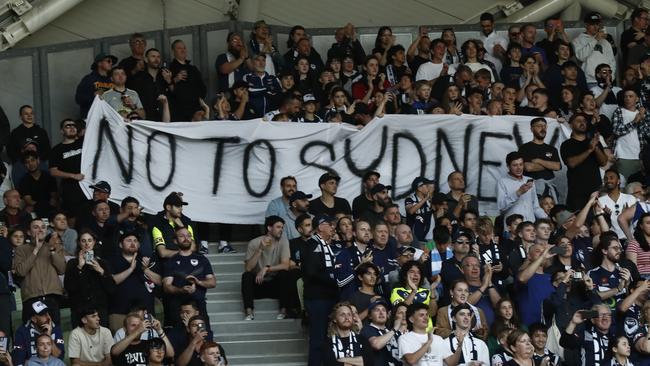 Fans show their disappointment with the APL before the round eight A-League Men's match between Melbourne City and Melbourne Victory at AAMI Park, on December 17, 2022. Picture: Getty Images