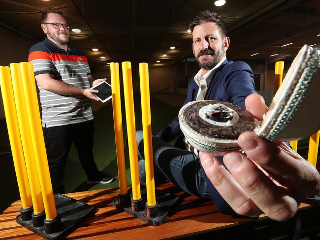 25/07/2019: Former Aussie cricketer and Jetson Industries board member Mike Kasprowicz (R) with Jetson founder Ben Tattersfield, and their connected cricket ball, before an investors presentation in Brisbane. Lyndon Mechielsen/The Australian