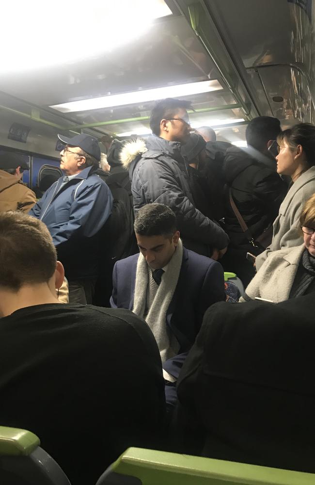 A packed Werribee train at Flinders St. Picture: Stacey Penny