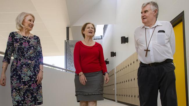 JCU Vice Chacellor Professor Sandra Harding AO (left), Bishop of Cairns James Foley (right) and JCU Principal Lauretta Graham (centre)) tour the new Newman Catholic College at Smthfield. Picture: Brian Cassey