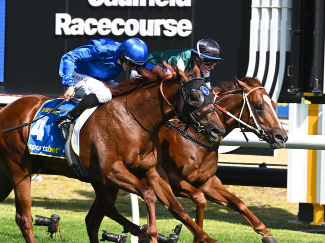 MELBOURNE, AUSTRALIA - FEBRUARY 22: Michael Dee riding Devil Night defeats Damian Lane riding Tentyris in Race 8, the Sportsbet Blue Diamond Stakes during Melbourne Racing at Caulfield Racecourse on February 22, 2025 in Melbourne, Australia. (Photo by Vince Caligiuri/Getty Images)