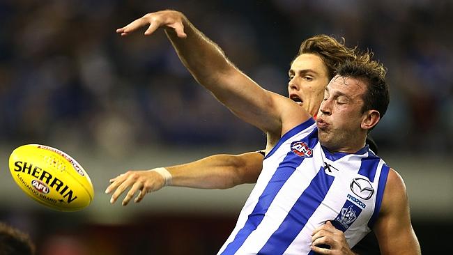 Todd Goldstein declared he was “very confident” of playing against the Bulldogs after scans cleared him of structural damage to his left shoulder after playing with virtually one arm against Essendon. Picture: Wayne Ludbey